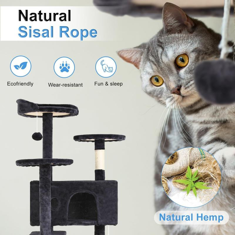 Cat Tree 54In Cat Tower Multi-Level Durable Cat Scratching Post & Cozy Fun Cat Jumping Platform Space Saving Cat Condo Pet Play House for Indoor Cats,Dark Gray