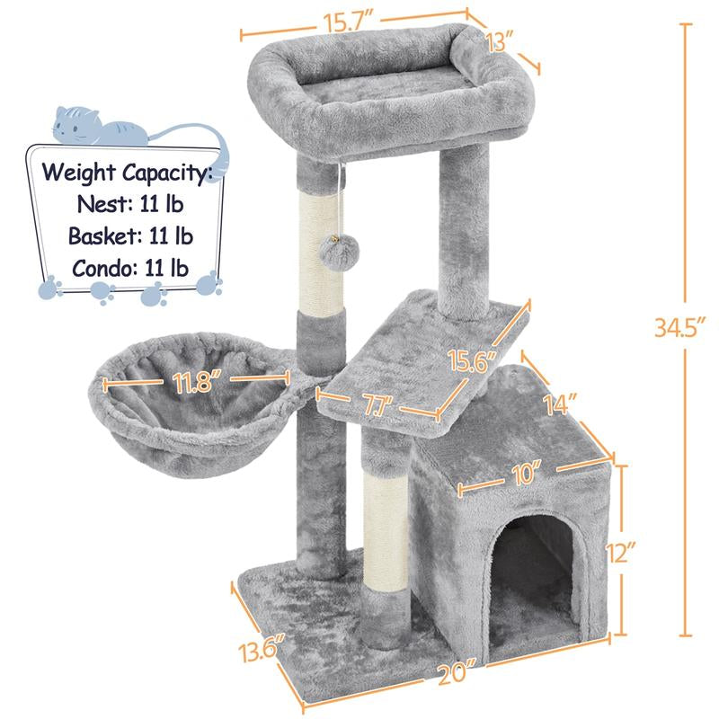 Yaheetech 34.5″ Cat Tree, Multi Level Cat Tower Cat Activity Center Scratching Post Indoor Furniture Cat Bed with Basket for Kittens