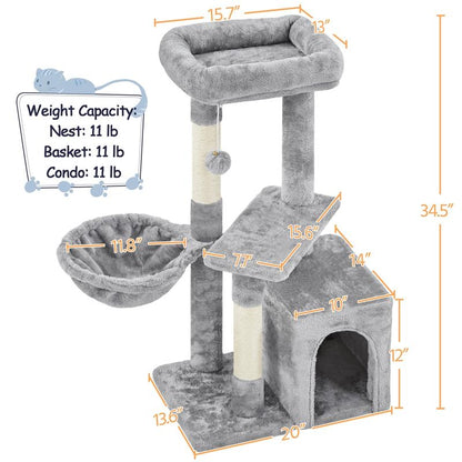 Yaheetech 34.5″ Cat Tree, Multi Level Cat Tower Cat Activity Center Scratching Post Indoor Furniture Cat Bed with Basket for Kittens